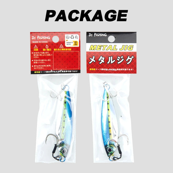 Packaged metal jig fishing lures in clear bags, blue and green scale designs