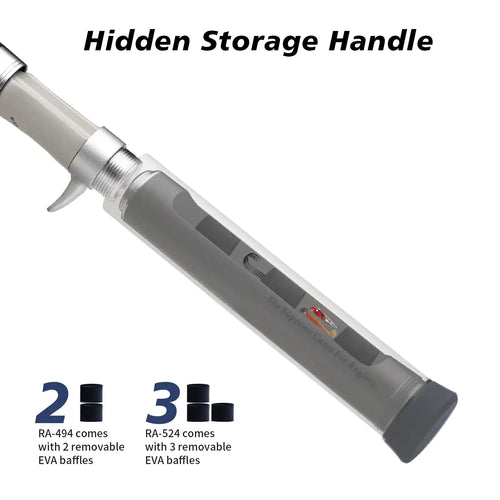 Baitcasting rod with hidden storage handle on silver reel seat section