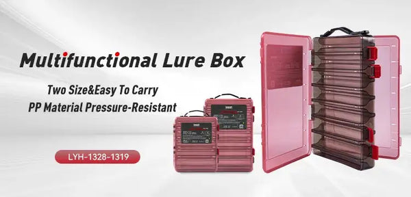 Multifunction lure storage box in red with hinged lids and stackable internal trays