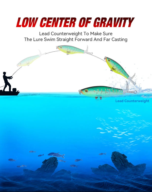 Low center of gravity floating topwater lure with lead counterweight and rotating tail