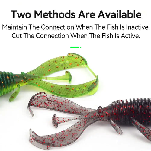 Green translucent shrimp lure with red speckled body and curled tail appendages