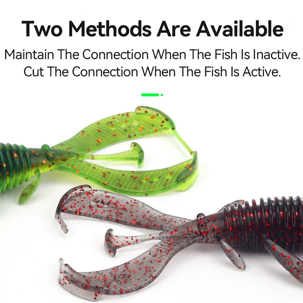 Green translucent shrimp lure with red speckled body and curled tail appendages