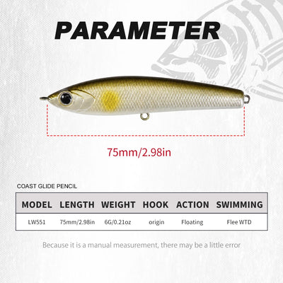 Floating pencil fishing lure, metallic gold body with round eye and front hook