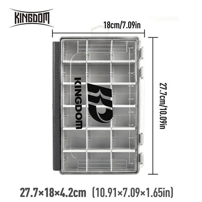 Gray fishing tackle box with transparent lid, interior grid dividers, side handle