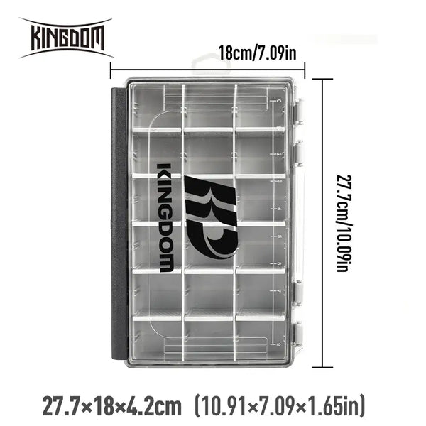 Gray fishing tackle box with transparent lid, interior grid dividers, side handle