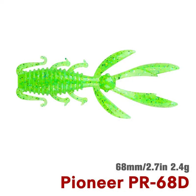 Green soft silicone shrimp lure with long claws and twin tail fins, 68mm/2.7in