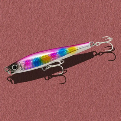 Purple, blue, and yellow iridescent lipless minnow fishing lure with silver treble hooks