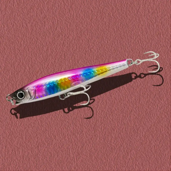 Purple, blue, and yellow iridescent lipless minnow fishing lure with silver treble hooks