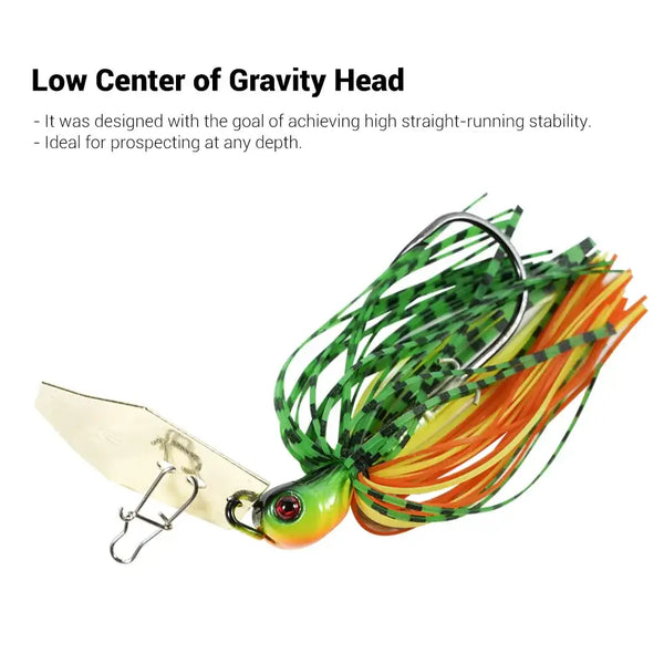 Bladed chatterbait jig with green-orange head, green and orange silicone skirt