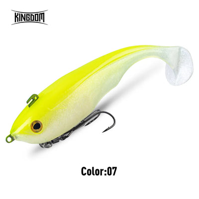 Chartreuse and pale soft bait lure with T-tail, black treble hooks