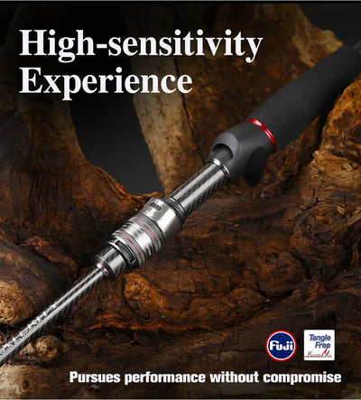 Ultralight fishing rod resting on rocky ground with EVA handle and reel seat