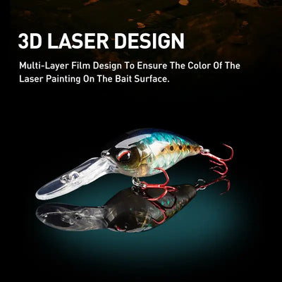 Laser-painted minnow crankbait with clear lip and red treble hooks