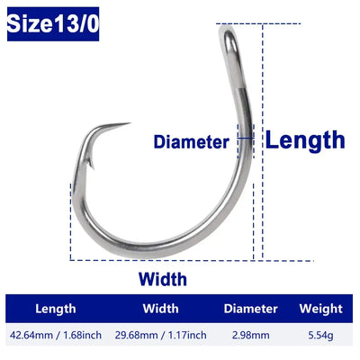 Stainless steel circle fishing hook, Size 13/0, saltwater heavy duty