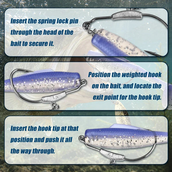Underspin hook instruction showing spring lock pin and weighted hook on blue swimbait