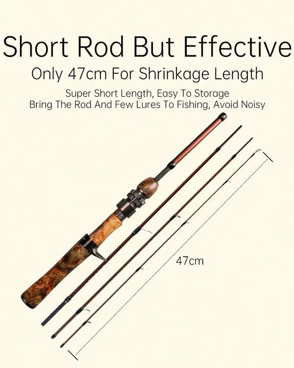 Brown camo micro travel fishing rod with cork-style grip, compact 47cm folded length