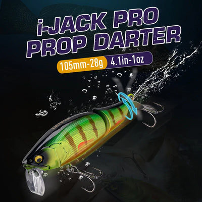 Green and yellow prop bait fishing lure with propeller tail, red stripe, and treble hooks