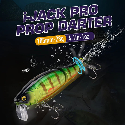 Green and yellow prop bait fishing lure with propeller tail, red stripe, and treble hooks
