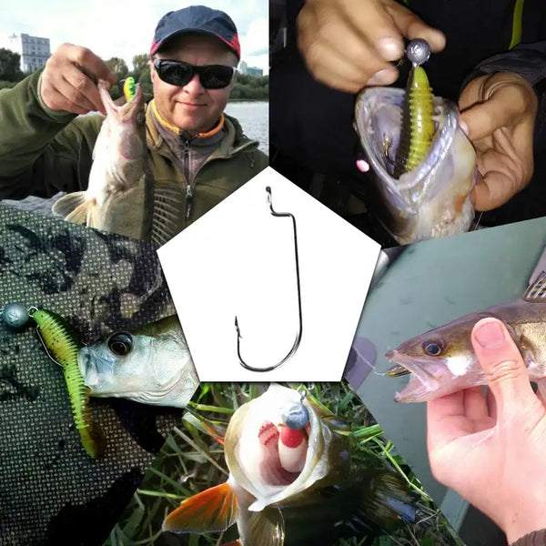 Offset worm fishing hook with barbed point, metal hook body for soft lures