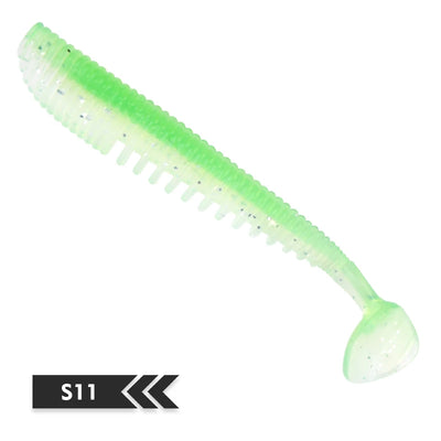 Soft silicone fishing lure, bright green shad with white specks (S11).
