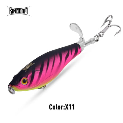 Floating topwater fishing lure, black and pink tiger stripe, rotating tail, treble hooks