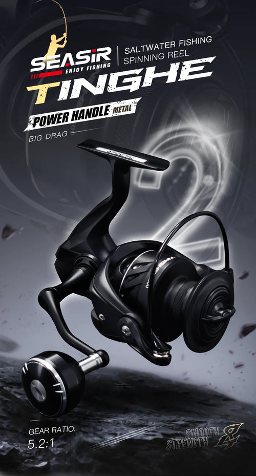 Black saltwater spinning reel with sturdy handle and front spool