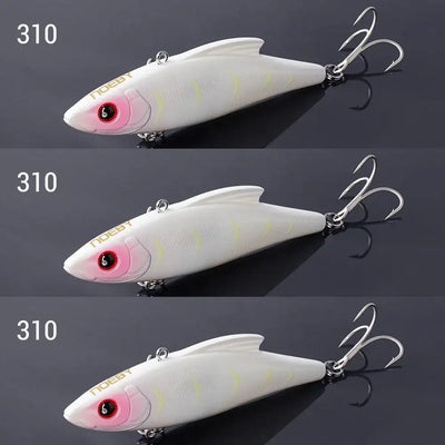 White sinking crankbait lure with red eye and yellow stripe accents, with treble hooks