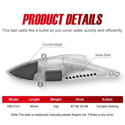 Silver lipless crankbait lure with treble hook, counterweight, and noise balls chamber