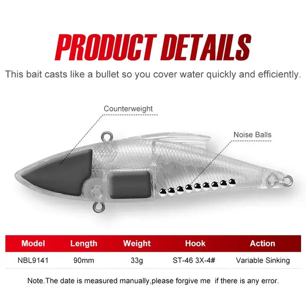Silver lipless crankbait lure with treble hook, counterweight, and noise balls chamber