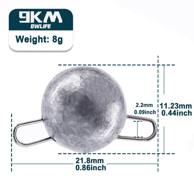 Gray round fishing sinker with free-swing hook clip, 8g weight, metal loop ends