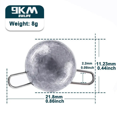 Gray round fishing sinker with free-swing hook clip, 8g weight, metal loop ends