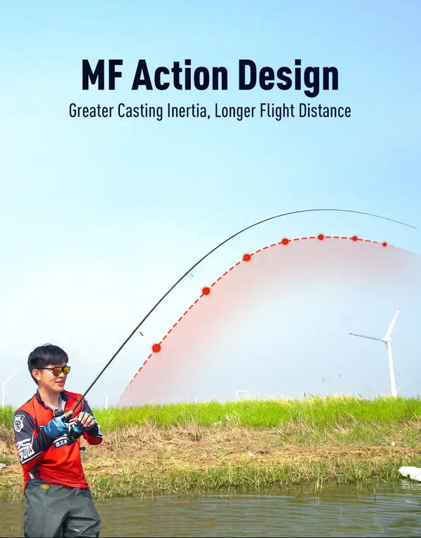 MF action fishing rod with orange accent wraps near handle and reel area
