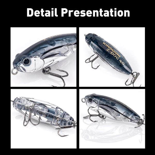 Blue-gray topwater pencil fishing lure shown from multiple angles, with treble hooks