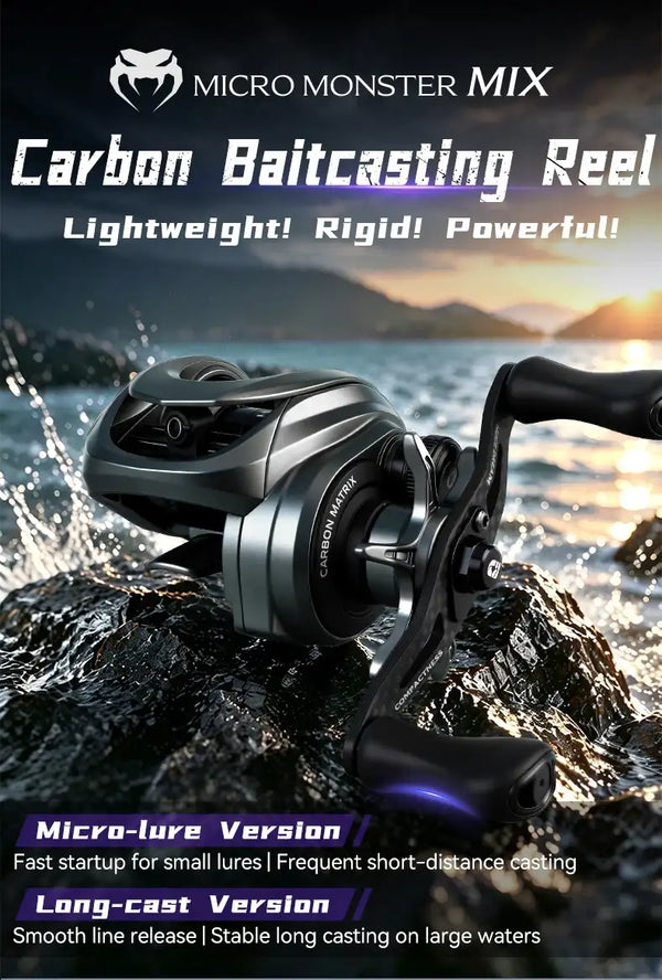 Compact baitcasting reel with black body, silver spool, and purple line-guide highlights.
