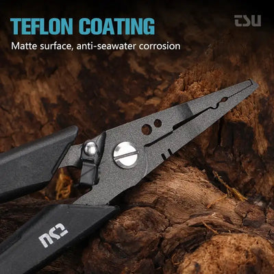 Fishing pliers with textured stainless jaws, spring pivot, and black coated handles