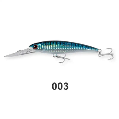 Saltwater minnow trolling wobbler lure, blue metallic body with red eye and treble hooks