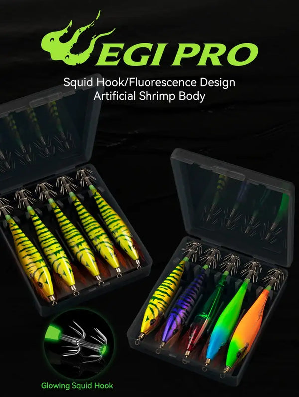 Luminous squid jig lure set with two storage boxes holding colorful lures