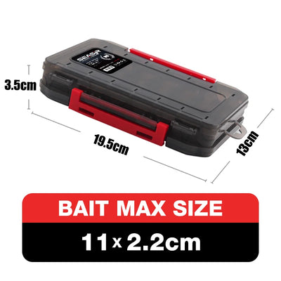 Black double-sided tackle box with red accent latch and clear top compartment