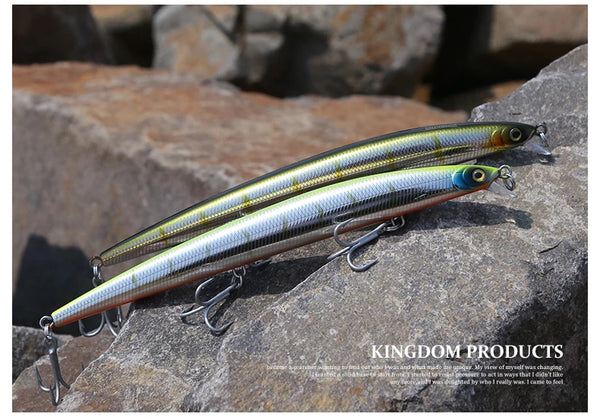 Kingdom Isca artificial fishing lure pair on rocks, striped bodies with treble hooks
