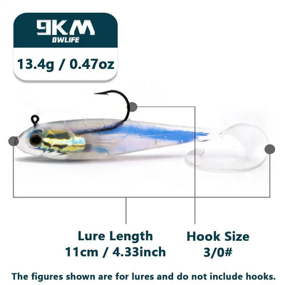 Pre-rigged paddle tail swimbait with blue body and clear paddle, 11cm length