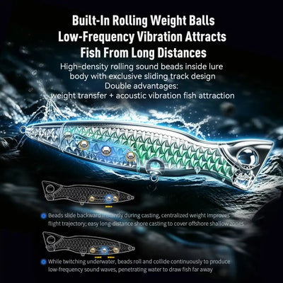 Blue green topwater popper fishing lure with treble hooks, rolling weight detail view