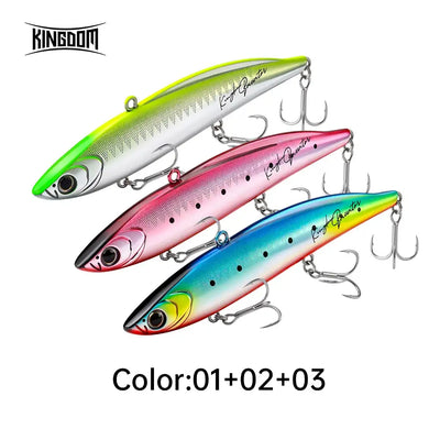 Three-piece lipless crankbait lure set with green, pink, and blue bodies and treble hooks