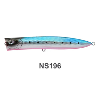 Slim floating wobbler lure, light blue top with pink underside, detailed eye and hooks