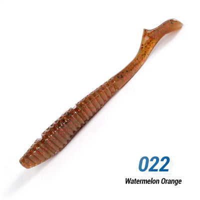 Orange-brown glitter soft silicone swimbait lure, ribbed body and tapered tail.