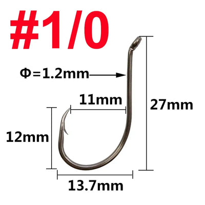 Drop shot fishing hook, size #1/0, dark bronze, curved shank with barbed point
