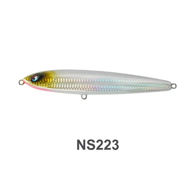 Silver hard stickbait with gold stripe and pink mouth, metal rings, NS223.