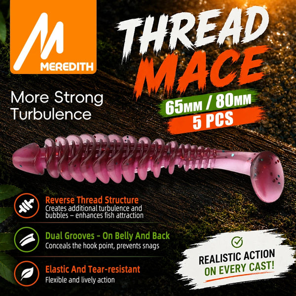 Meredith Thread Mace paddle tail soft plastic lure, orange with green speckles, 5 pcs