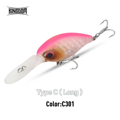 Floating crankbait minnow lure, Type C (long), pink body with gold-orange belly and 2 treble hooks