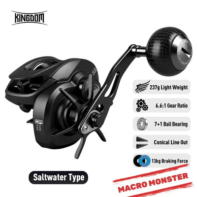 Black baitcasting fishing reel with star drag, side crank handle, conical line guide