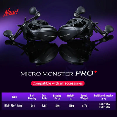 Pair of black baitcasting fishing reels with purple accents and dual crank handles