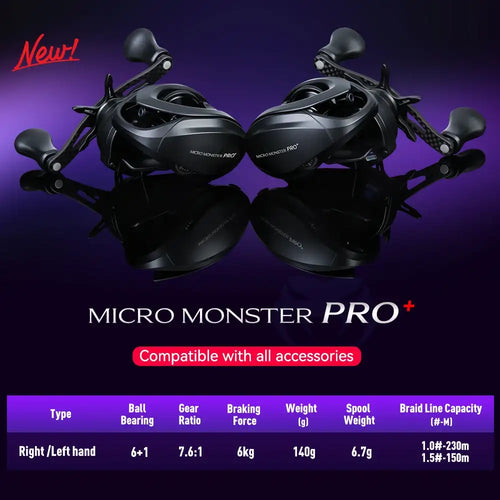 Pair of black baitcasting fishing reels with purple accents and dual crank handles